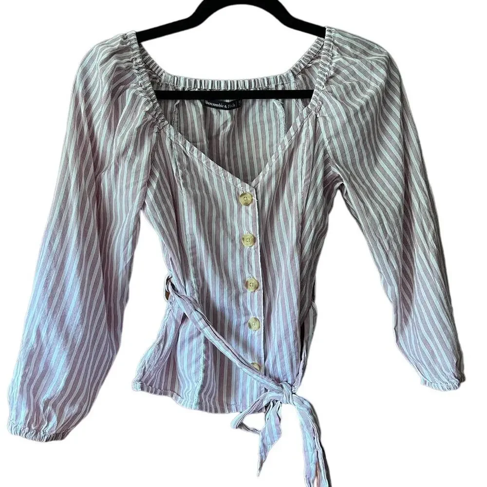 Abercrombie & Fitch Women's Striped Button Front Blouse Top V Neck Red White XS